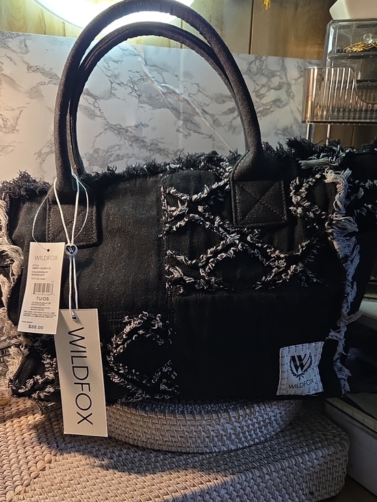 Wildfox Handbags - Wildfox Black Frayed Patchwork Denim Tote with White Trim